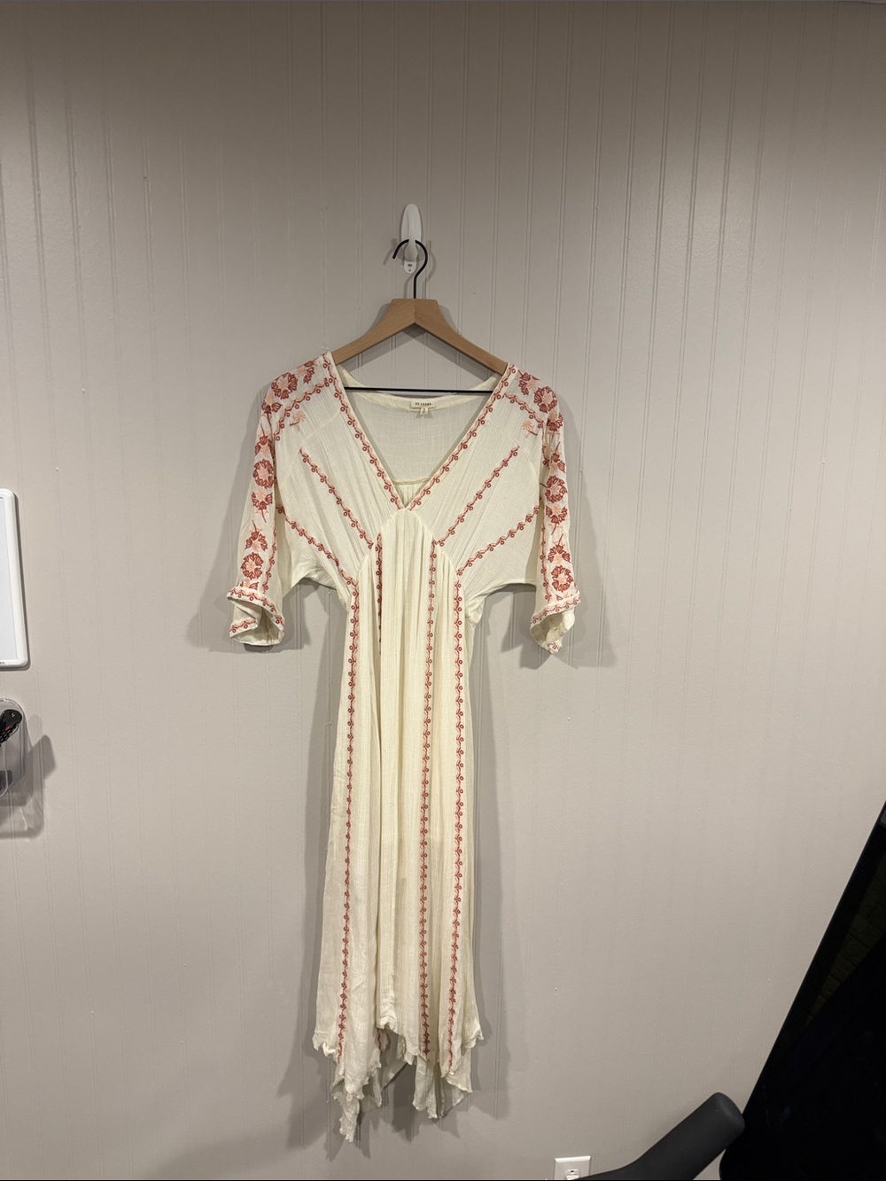 En Creme Cream Midi Dress with Pink Embroidered Trim